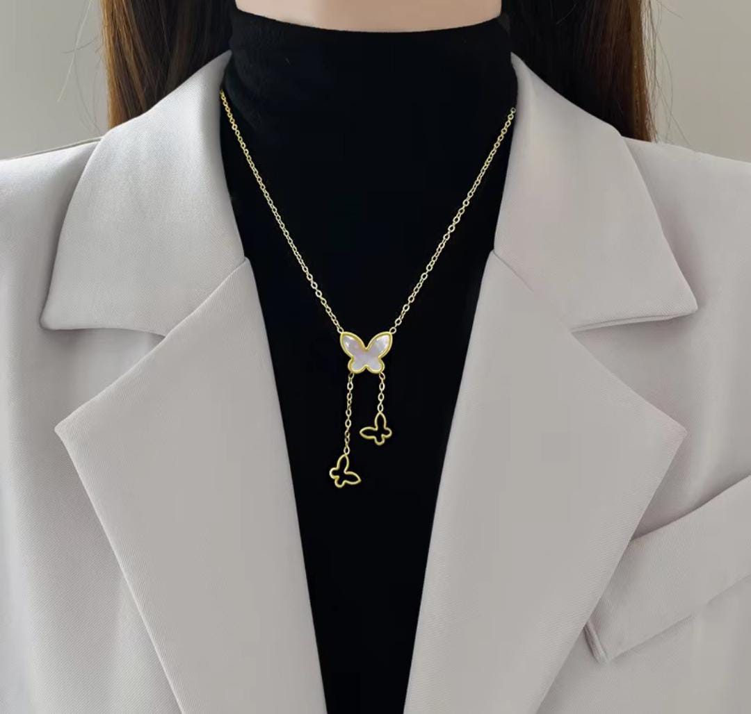 Elegant Two Butterfly Drop Anti Tarnish Necklace