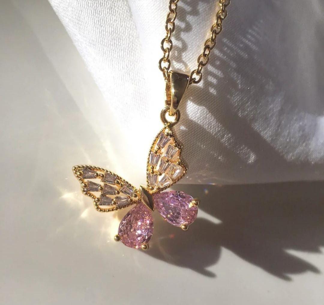 Pink Crystal Butterfly Anti Tarnish Necklace