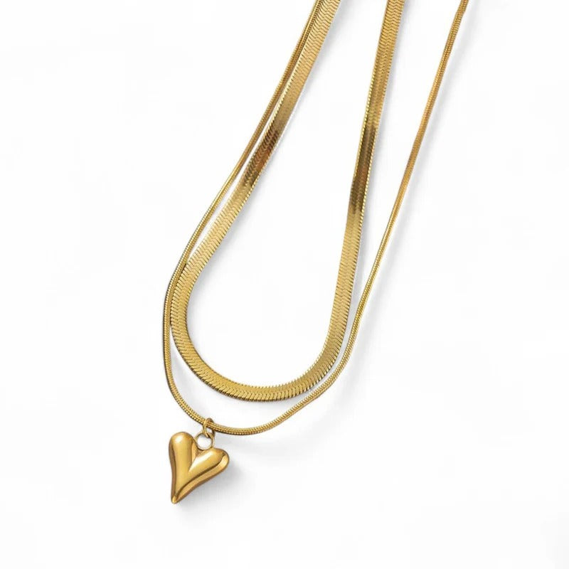 Double Chain Heart Themed Anti Tarnish Layered Necklace