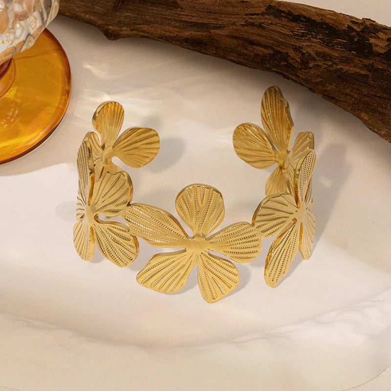 Floral Themed Anti Tarnish Stainless Cuff Bracelet
