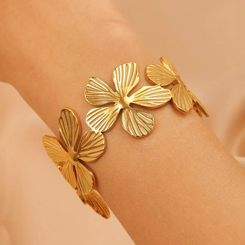 Floral Themed Anti Tarnish Stainless Cuff Bracelet