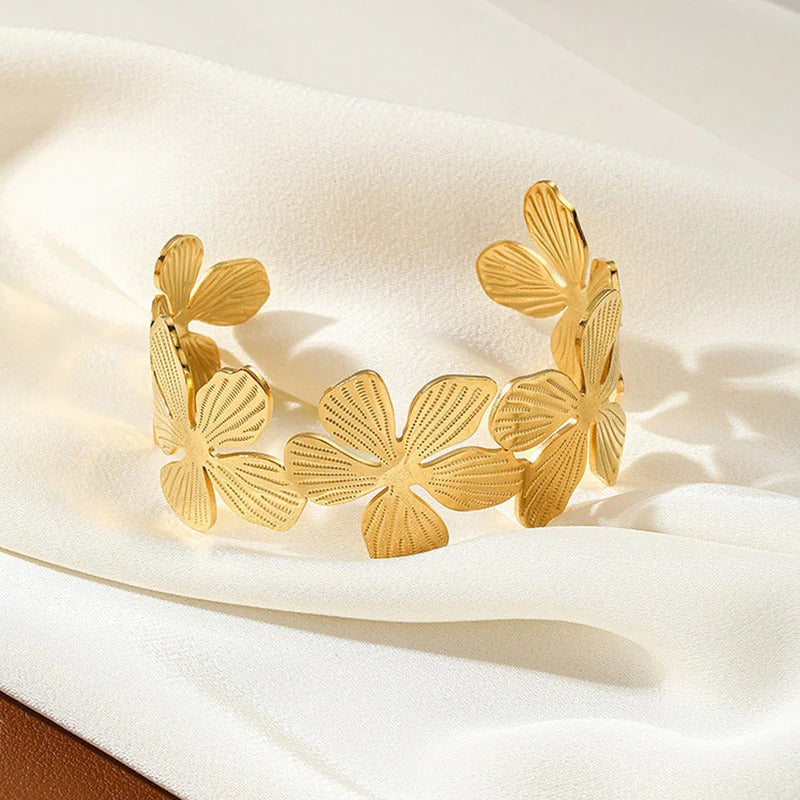 Floral Themed Anti Tarnish Stainless Cuff Bracelet