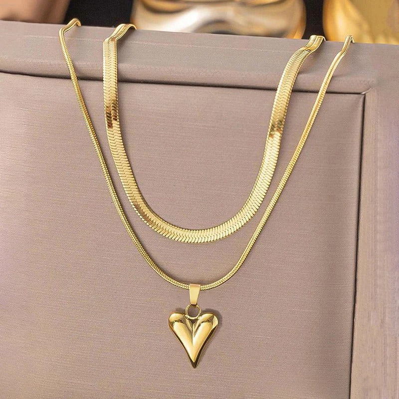 Double Chain Heart Themed Anti Tarnish Layered Necklace