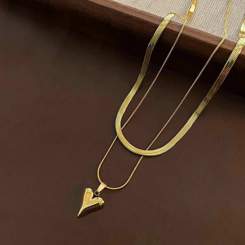 Double Chain Heart Themed Anti Tarnish Layered Necklace