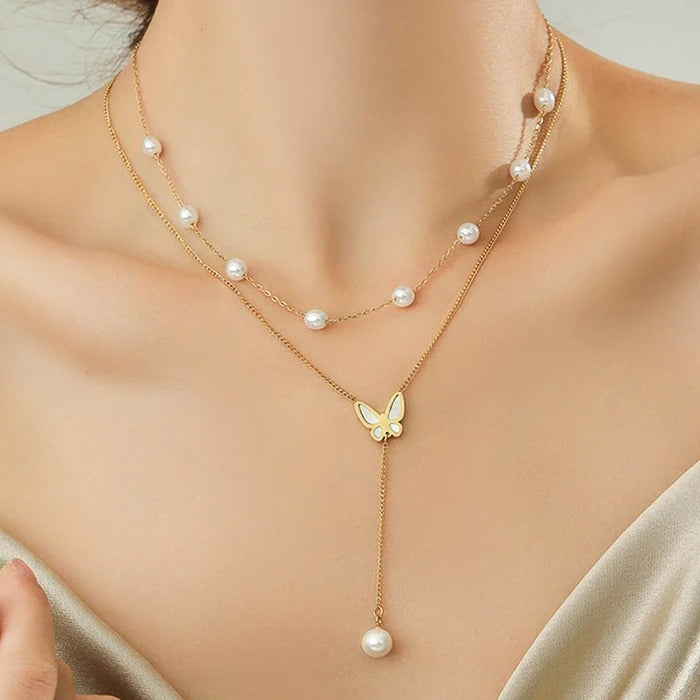 Butterfly Pearl Double layer Anti Tarnish Studded Necklace