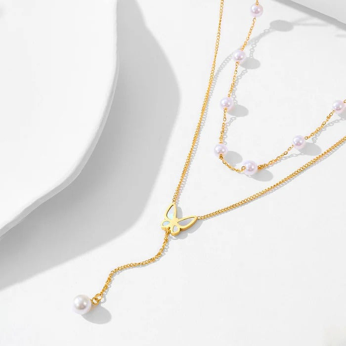 Butterfly Pearl Double layer Anti Tarnish Studded Necklace