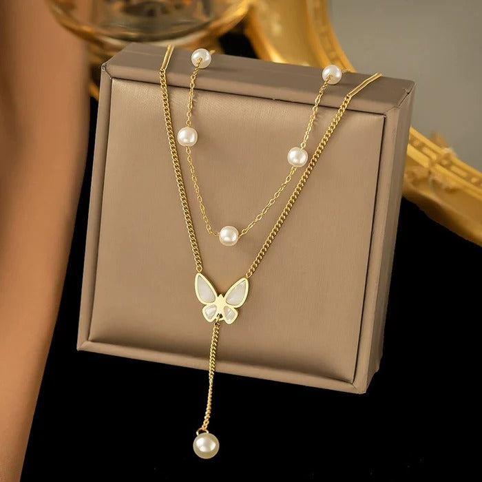 Butterfly Pearl Double layer Anti Tarnish Studded Necklace