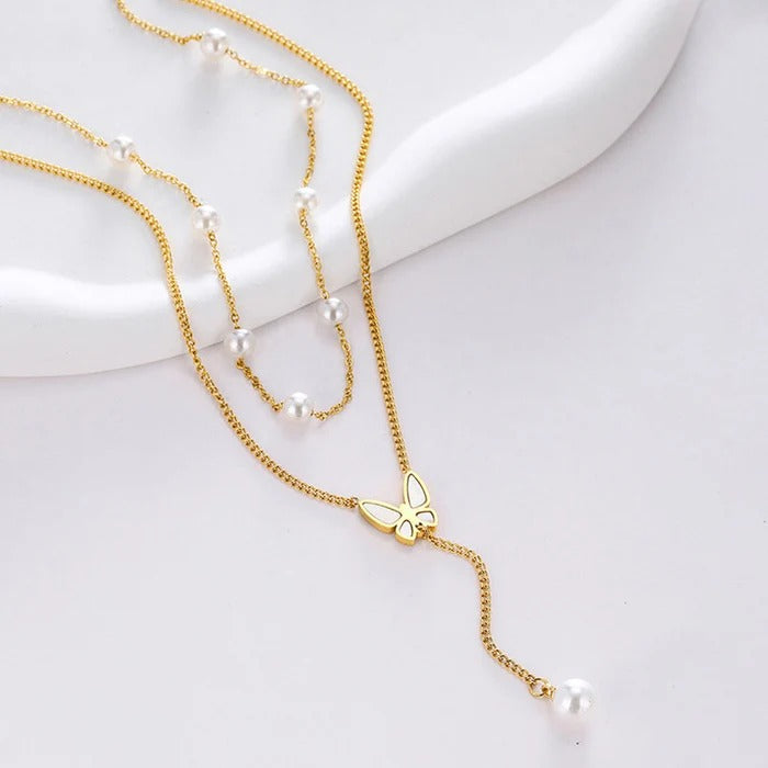 Butterfly Pearl Double layer Anti Tarnish Studded Necklace