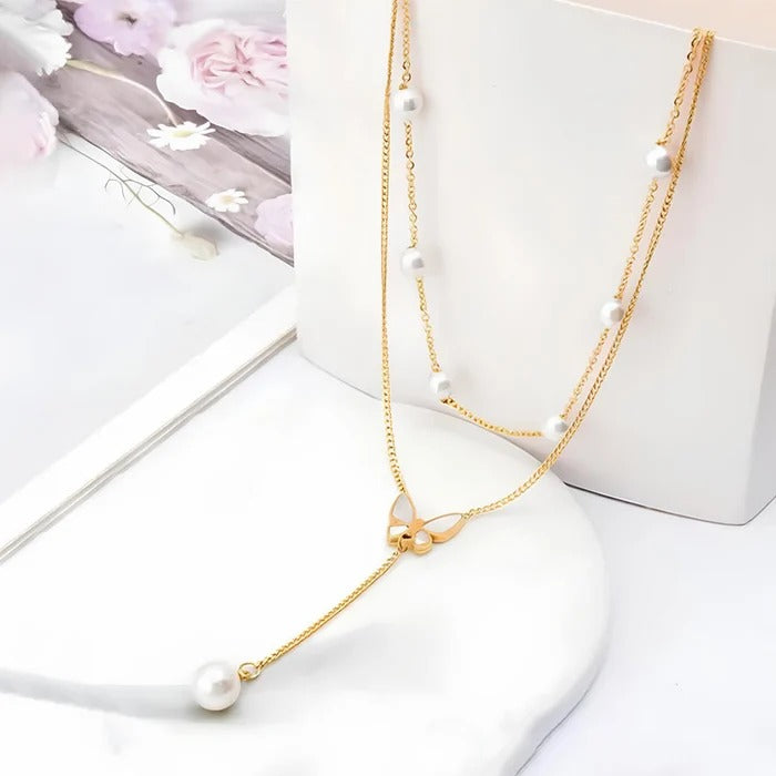 Butterfly Pearl Double layer Anti Tarnish Studded Necklace