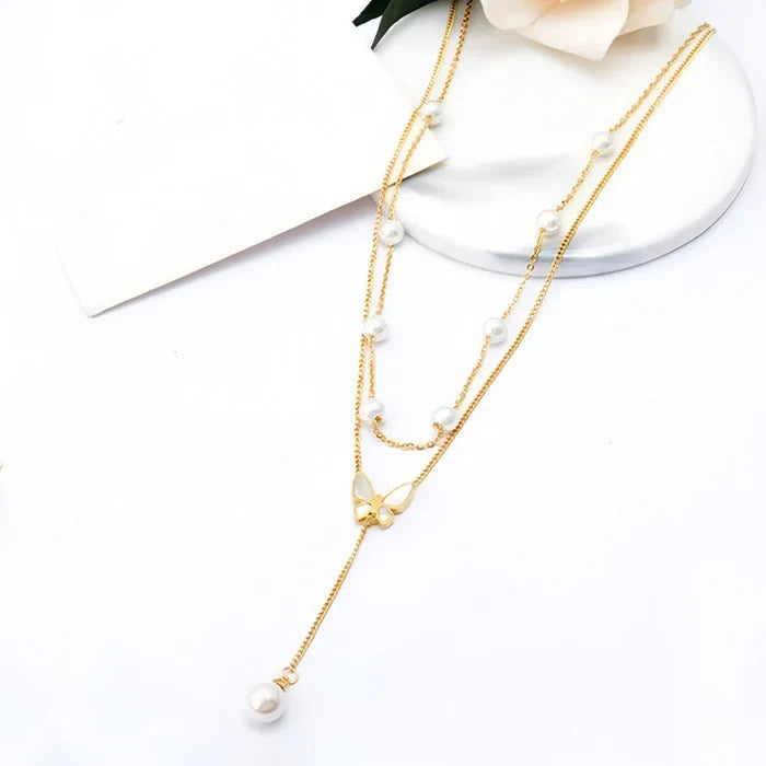 Butterfly Pearl Double layer Anti Tarnish Studded Necklace