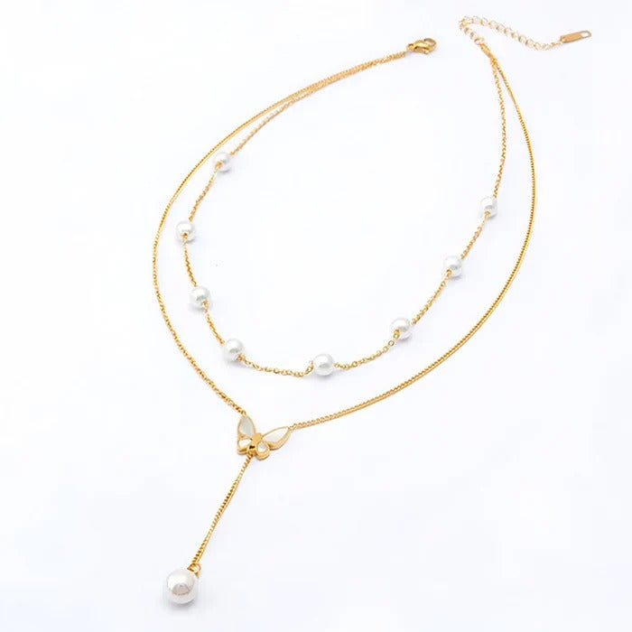 Butterfly Pearl Double layer Anti Tarnish Studded Necklace
