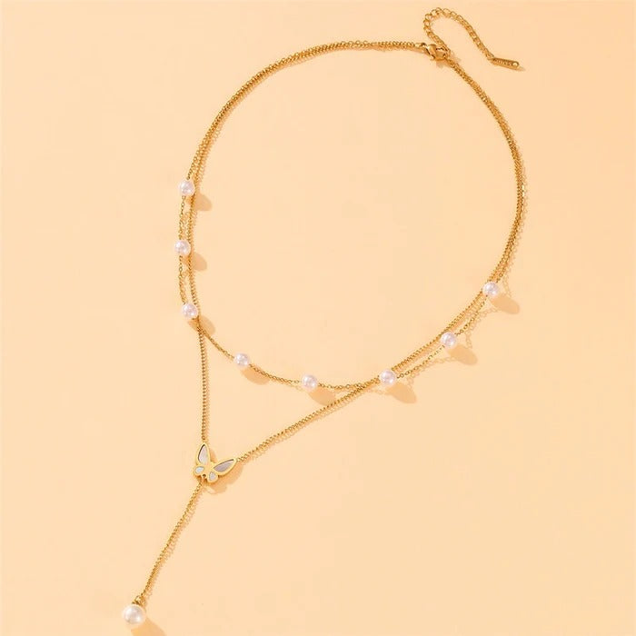Butterfly Pearl Double layer Anti Tarnish Studded Necklace