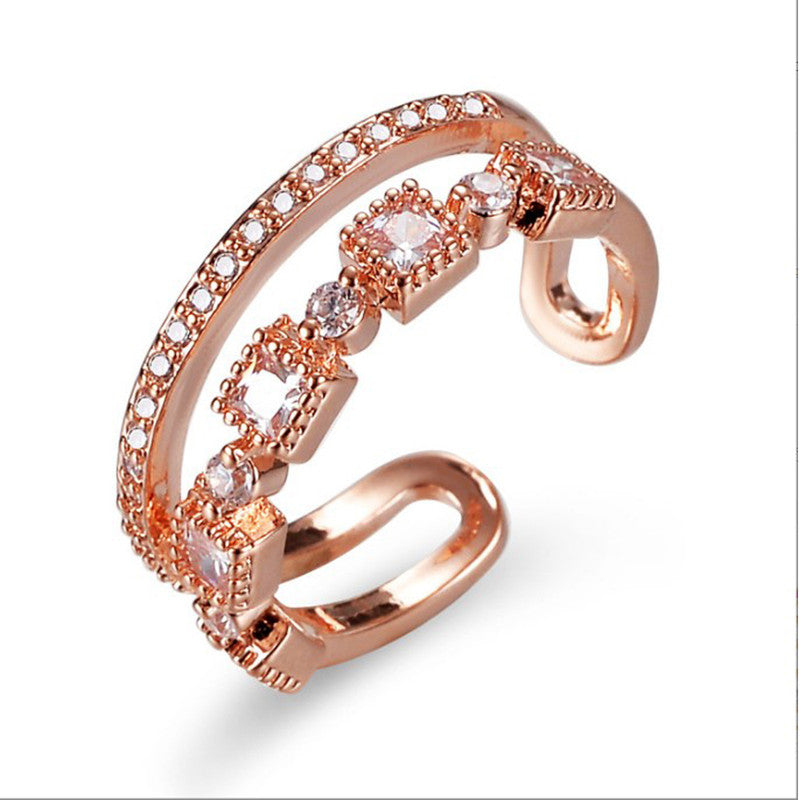 Checkered Adjustable Rose Gold Plated American Diamond Ring