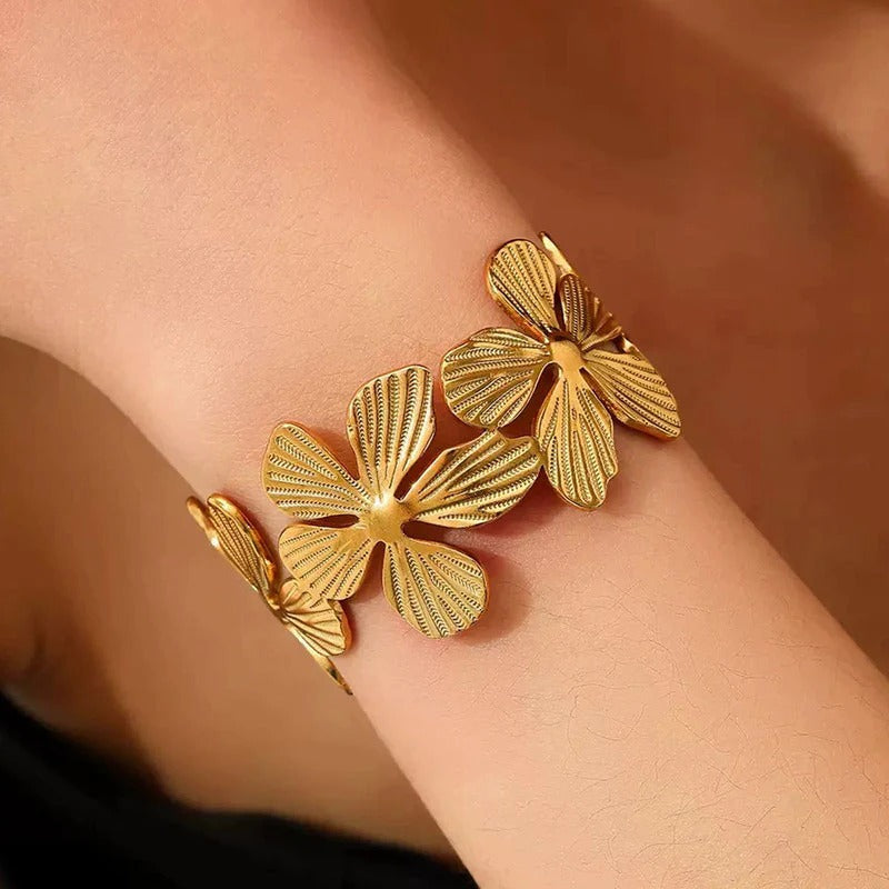 Floral Themed Anti Tarnish Stainless Cuff Bracelet