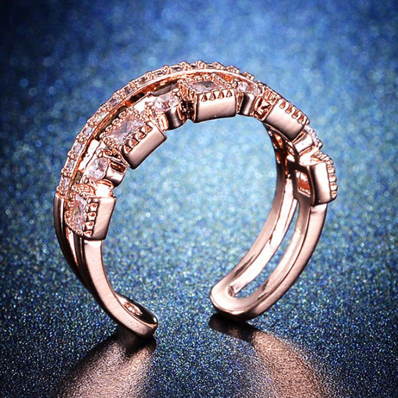 Checkered Adjustable Rose Gold Plated American Diamond Ring