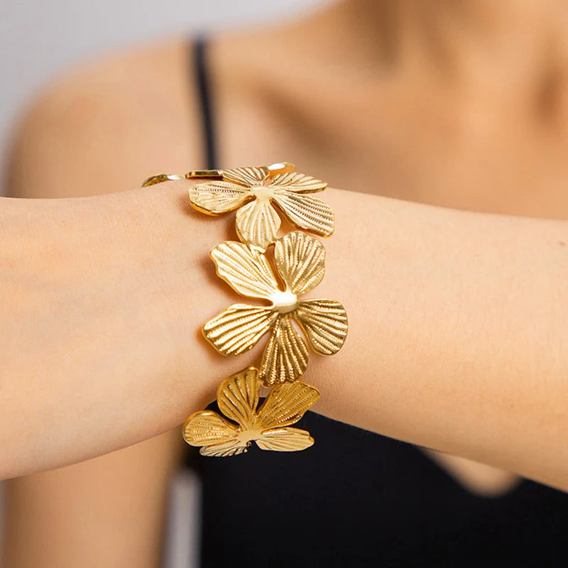 Floral Themed Anti Tarnish Stainless Cuff Bracelet