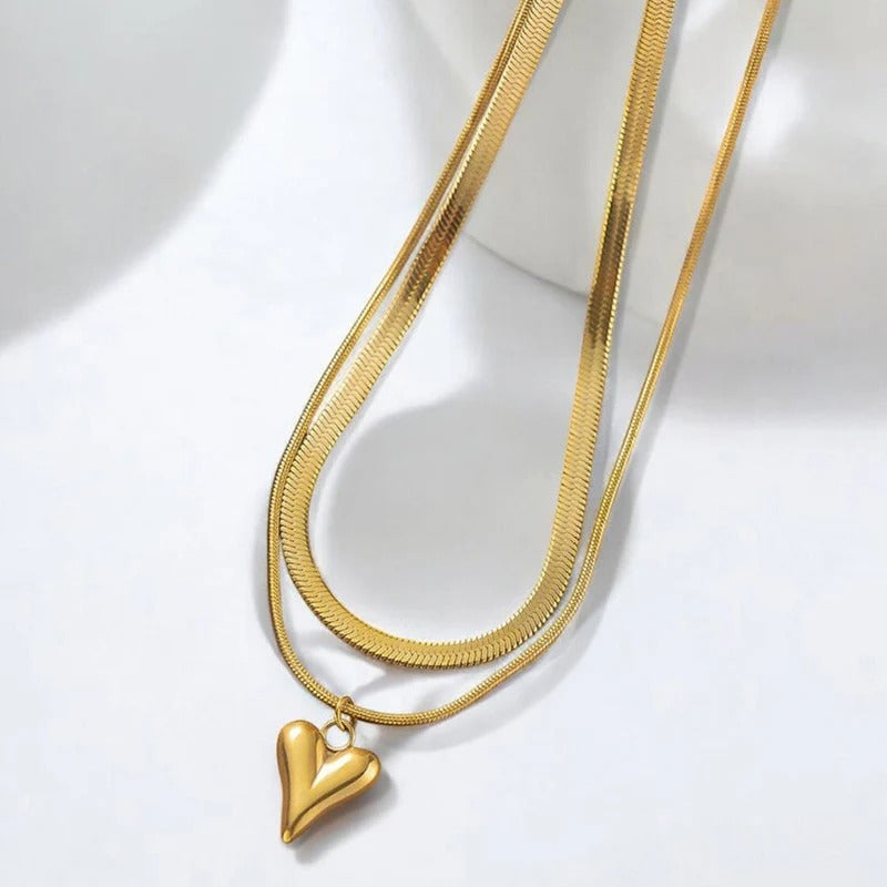 Double Chain Heart Themed Anti Tarnish Layered Necklace