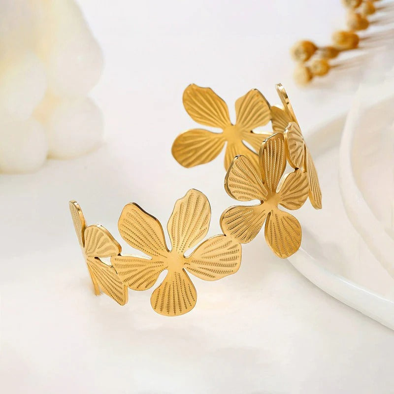 Floral Themed Anti Tarnish Stainless Cuff Bracelet