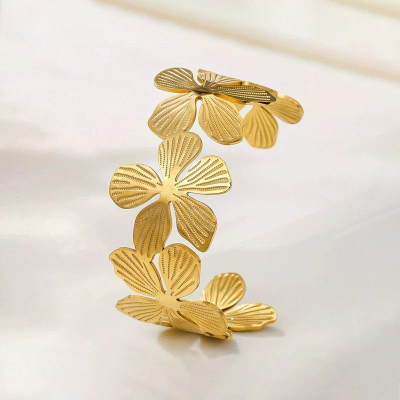 Floral Themed Anti Tarnish Stainless Cuff Bracelet