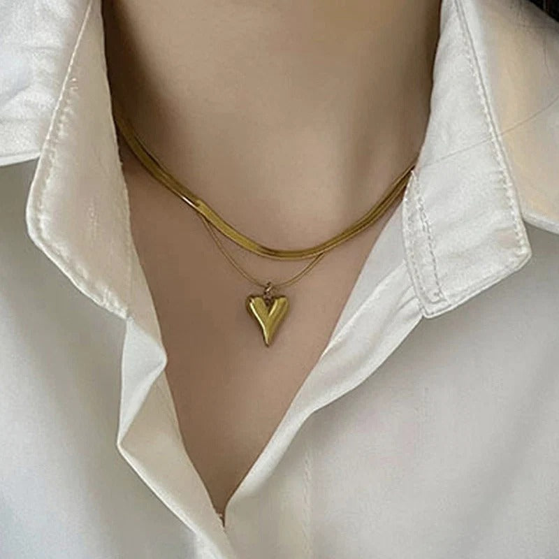 Double Chain Heart Themed Anti Tarnish Layered Necklace